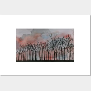 Winter Sunset. Original Watercolor Painting Posters and Art